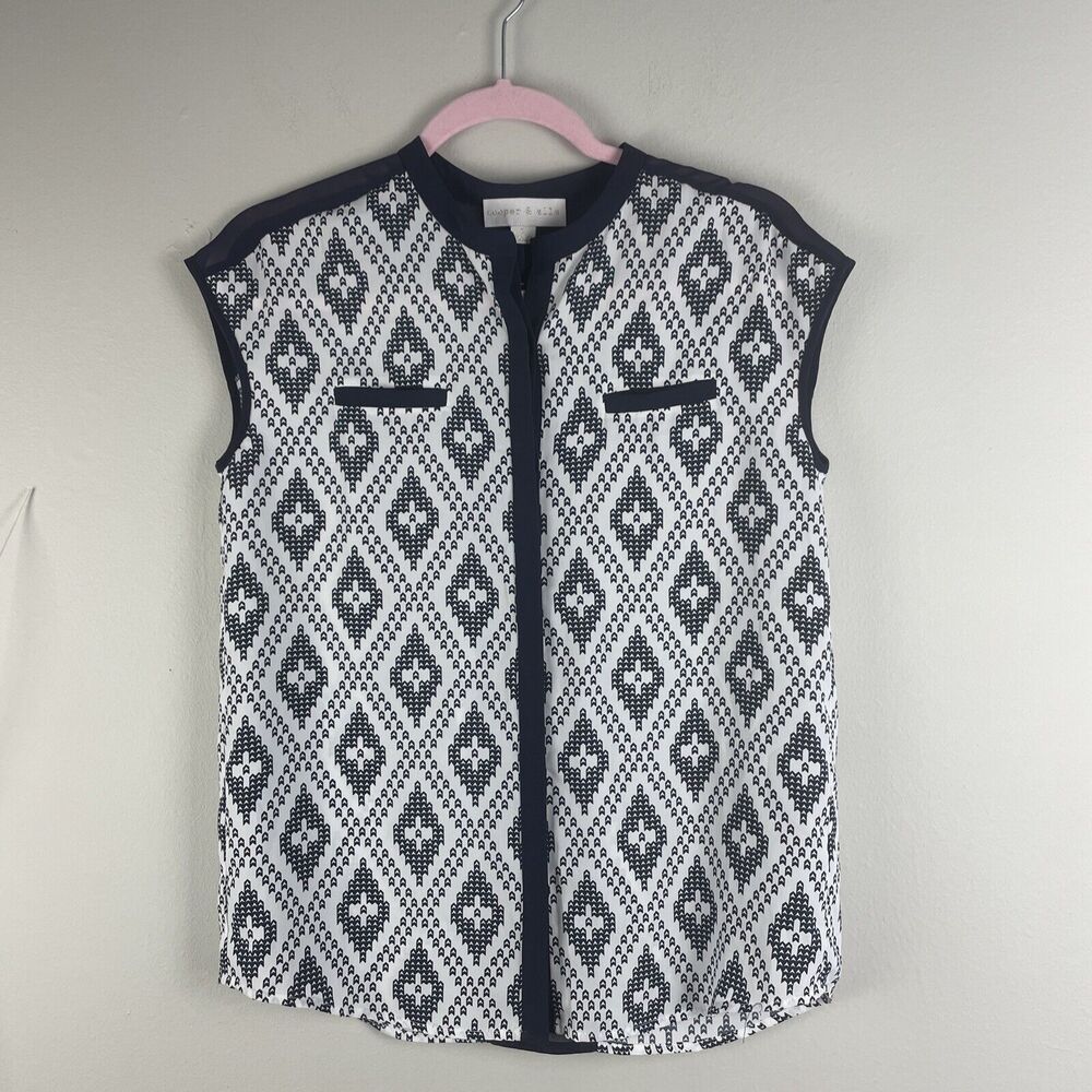 Cooper & Ella Top Womens S Semi Sheer Sleeveless Hidden button Geo Print Blouse